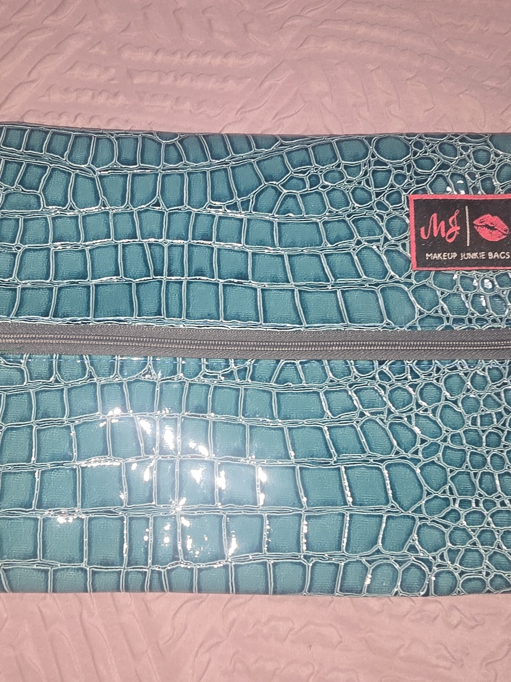 Makeup Junkie Bags Teal Croc-Embossed Cosmetic Bag-MEDIUM 11" X 8" - Picture 3 of 5